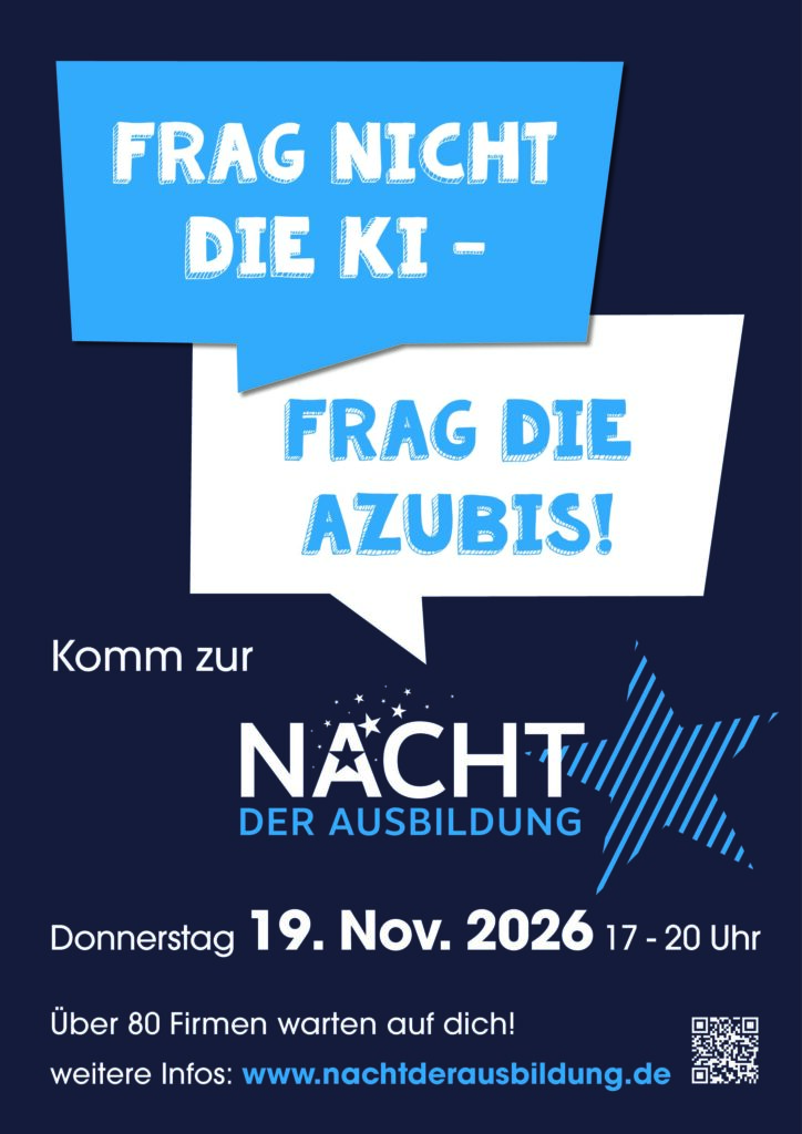 Plakat: Frag nicht die KI – frag die Azubis! Nacht der Ausbildung am Donnerstag, 19. November 2026, 17–20 Uhr
